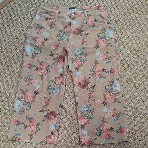 Floral Crop Pants in Tan with Pink & Blue Roses.